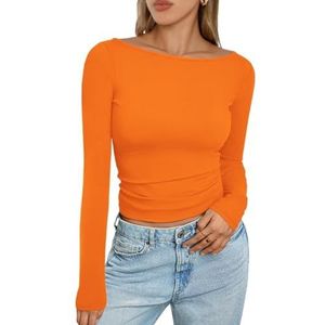 Dames shirts met lange mouwen Uitgaan Boothals Tops Slim Fit T-shirts Strakke outfits(Orange,S)