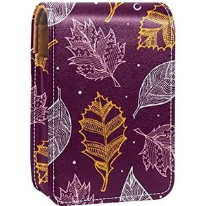 Lippenstift Hoesje met Spiegel Herfst Kleurrijke Gele Bladeren Paarse Achtergrond Lip Gloss Houder Draagbare Lippenstift Opbergdoos Reizen Make-up Tas Mini Lederen Cosmetische Pouch Houdt 3 Lippenstift