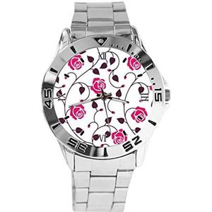 Heldere Roze Rose Ontwerp Analoog Polshorloge Quartz Zilveren Wijzerplaat Klassieke Roestvrij Stalen Band Dames Heren Horloge