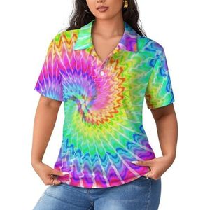 Tie Dye Regenboog kleurrijk sportshirt voor dames met korte mouwen T-shirt golfshirts tops met knopen workout blouses