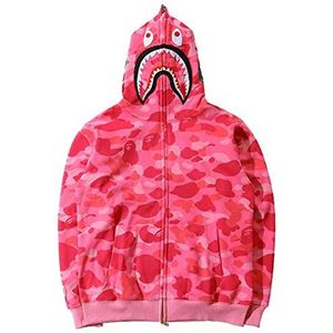 MCMYCO Y2k Bape Shark-hoodie for heren Camouflage Bape-jas met ritssluiting en capuchon Sweatjack Interessant sweatshirt met rits Puur katoen Shark Head Shark-hoodietrui (Color : roze, Size : XL)