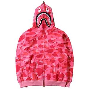 Y2k Bape Shark-hoodie for heren Camouflage Bape-jas met ritssluiting en capuchon Sweatjack Interessant sweatshirt met rits Puur katoen Shark Head Shark-hoodietrui (Color : roze, Size : XL)