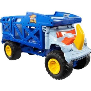 Hot Wheels Monster Trucks Monster Mover Neushoorn, autotransporteur, biedt plaats aan 12 Monstertrucks of 32 Hot Wheels op schaal (1:64), met lanceerder, cadeau voor kinderen vanaf 3 jaar, HFB13