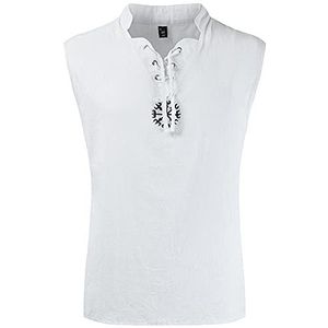Heren Piraat Shirt Katoen Linnen Tank Top, Mode Middeleeuws Viking Mouwloos Vest T-shirt, Plus Size Lace Up Tee Trekkoord Kraag Casual Borduurwerk Kostuum