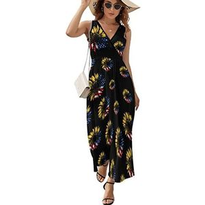 USA Amerikaanse vlag zonnebloem casual maxi jurk voor vrouwen V-hals zomerjurk mouwloze strandjurk XL