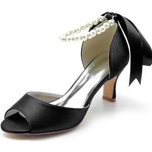 Dames Satijnen Peep Toe Sandalen met Hak Parels Enkelband Trouwschoenen voor Bruid Avondfeestjurk Pumps,zwart,36 EU