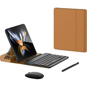 Verstelbaar draadloos toetsenbord + S Pen + muis + opvouwbaar lederen hoesje voor Samsung Galaxy Z Fold 4 / Fold 3 (bruin)