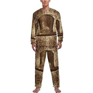 Metalen koperen tandwielen patroon zachte heren pyjama set comfortabele lange mouw loungewear top en broek geschenken XL