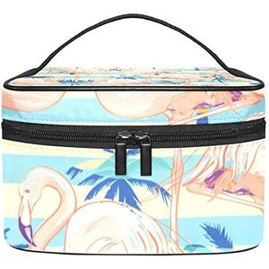 Draagbare Make-up Tas Reizen Cosmetische Tassen Voor Vrouwen Meisjes Rits Pouch Case Organizer Flamingo Kokosnoot hout mooie, Meerkleurig, 22.5x15x13.8cm/8.9x5.9x5.4in