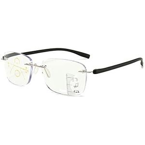 Glijzichtbril, randloos, frameloos, metaal, TR90, zwart, multifocale randloze glazen, dames en heren (naar keuze +1.00, +1.50, +2.00 of +2.50 dioptrieën), tas en brillendoekje, zwart/zilver, + 1.50