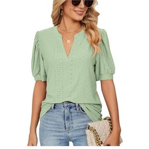 2024 zomer casual v-hals effen kleur holle losse T-shirt tops met pofmouwen for dames (Kleur : Light Green, Size : S)