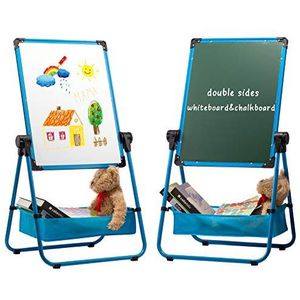 DOEWORKS Whiteboard voor Kinderen Dubbelzijdig Ezel voor Kinderen, Whiteboard en Krijtbord, Magnetisch Whiteboard met Complete Set In Hoogte Verstelbaar en 360°Draaibaar, Blauw