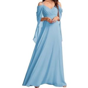 AHERKLL Koude Schouder Bruidsmeisjes Jurken voor Bruiloft Spaghetti Band Chiffon Formele Avond Party Maxi Jurk Lange HAH049, Hemelsblauw, 32