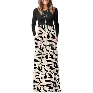 AUSELILY Maxi-jurk met lange mouwen voor dames, casual lange jurk met zakken, winter, abrikoos zwart bladmotief, XXL