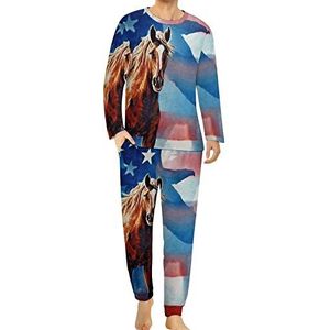 Paard Bald Eagle Amerikaanse vlag comfortabele heren pyjama set ronde hals lange mouwen loungewear met zakken 6XL