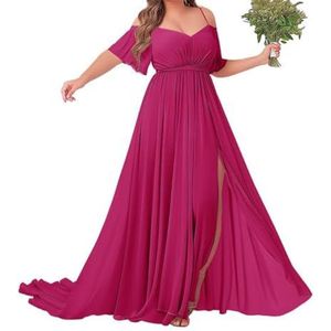 Off-shoulder bruidsmeisjes jurken met mouw - chiffon grote maten formele jurk, Fuchsia, 32