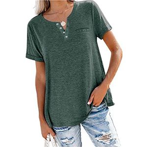 Casual T-shirt met V-hals voor dames, effen, casual, V-hals, voor dames, T-shirt, korte mouwen, V-hals, casual, B-Groen, 3XL