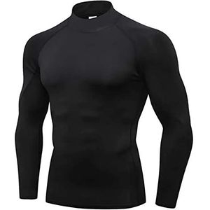 Heren Compressie Shirt Lange Mouw Rash Guard UV Stretch Bescherming Baselayer Top Sneldrogend Ademend Sport Wielertrui - Coltrui, Zwart+zwart Lijn, L