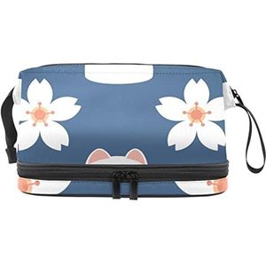 Grote capaciteit reizen cosmetische tas, Japan Cartoon Lucky Cat Cherry Blossoms, make-up tas, waterdichte make-up tas organisator, Meerkleurig, 27x15x14 cm/10.6x5.9x5.5 in