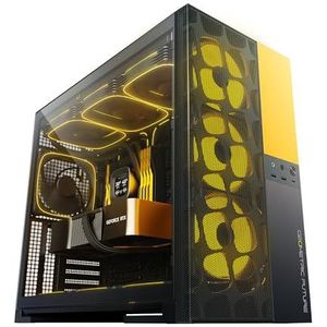 Geometric Future M5 Vent, Mesh Panel Gehard Glas Mid Tower, E-ATX/ATX Gaming Case, Hoge Luchtstroom, Type C, Ondersteuning 420/360 Rad, ARGB PWM 140mm Fan x 5 Vooraf geïnstalleerd, Zwart/Geel,