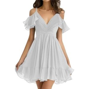 WSEYU Chiffon bruidsmeisjes jurken kort off-shoulder A-lijn ruches geplooide prom avondjurk, Wit, 32