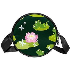 Ronde Crossbody Tas Messenger Purse Voor Vrouwen Roze Lotus Vijver Groene Bladeren Kikkers, Meerkleurig, 6.7x6.7x2.3 in, Sling Rugzakken