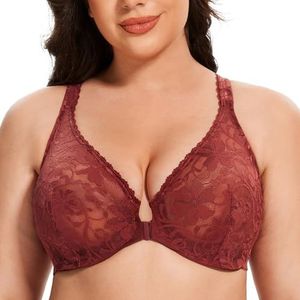 MELENECA Women's voorsluiting grote maat racerback stretch kanten beugelbeha rood 75B