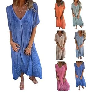 Frontaley Solid Casual Dress, Frontaley Cotton and Linen V-Neck Midi Dress, Linen Dresses for Women uk, Comfortable Style Flowy Holiday Beach Wear (Blue,XL)