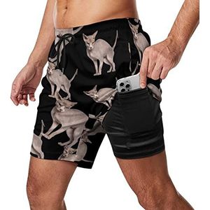 Hairless Sphynx Cat zwembroek voor heren, sneldrogend, 2-in-1 strandsportshorts met compressieliner en zak