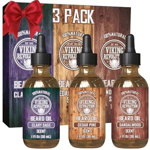 Viking Revolution Beard Oil for Men 3 Pack - Natural Mens Beard Oil Variety Set - Sandalwood, Pine and Cedar, Clary Sage Scents - Beard Conditioning and Moisturizing for a Healthy Beard (3 Pack, 1oz)