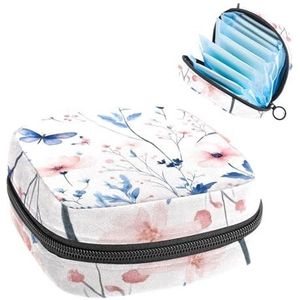 Aquarel roze en blauwe wilde bloemen met bladeren en vlinders maandverband opbergtas, grote menstruatiecup zakje met rits, menstruatie pads, tas winkel inlegkruisjes tampons voor meisjes vrouwen