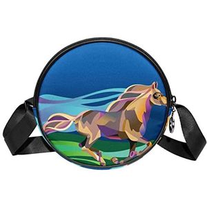 Ronde Crossbody Tas Messenger Bag Purse voor Vrouwen Runing Paard Poligonal Kleurrijke, Meerkleurig, 6.7x6.7x2.3 in, Sling Rugzakken