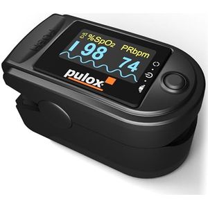 Puloximeter Pulox PO-200A Solo met alarm en pulstoon in zwart voor het meten van polsslag, zuurstofsaturatie en PI op de vinger