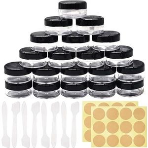 Jicyor 20 stuks inmaakpotten, kunststof potten, 20 ml, lege transparante glazen, crèmepotjes om te vullen (2 zelfklevende etiketten en 20 mini-spatels), Zwart, 20ml, Van kunststof