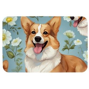 Corgi Witte bad- en douchematten met hondenbloemen, extra lange antislip badmat 51 x 70 cm, machinewasbare badmat met zuignappen en afvoergaten voor badkamer