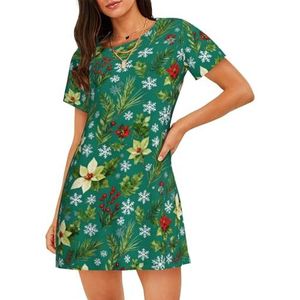 Zelinge Nachtjapon met korte mouwen voor dames, nachthemd, pyjama, comfortabele loungewear, S-3XL, Kerst Geel Rood Bloemen, S