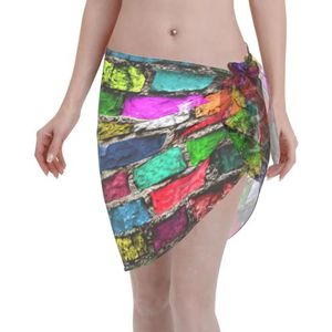 Kleurrijke baksteenprint elegante strandwrap, bikini cover-up, badmode jurk, voor vrouwen, perfect voor zwembad en resort zwart