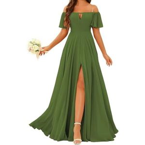 Prinses Bruidsmeisje Jurken Off Shoulder Prom Jurken Plooien Chiffon Formele Avond Party Maxi Jurk met Split ZMK196, Olijfgroen, 32
