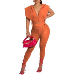 Damesmode 2-delige Outfits Sexy V-hals Mouwloos Met Capuchon Crop-top En Mesh Doorzichtige Bodycon Lange Broek Sets (Color : Orange, Size : S)