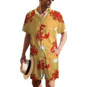 Beer And Crawfish Hawaïaans pak voor heren, set van 2 stuks, strandoutfit, shirt en korte broek, bijpassende set