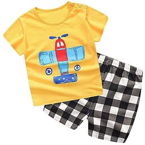 Zomer peuter shirt met korte mouwen en korte broek set geel cartoon vliegtuig patroon print outfits voor baby (73)