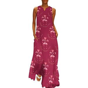 Valentines schattige flamingo dames enkellengte jurk slim fit mouwloze maxi-jurken casual zonnejurk 4XL