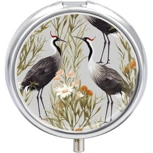 Crane Bird Wild Plants Pillendoosje 3 compartimenten kleine pillendoos draagbare pillendoos voor zak of portemonnee ronde metalen pillendoos schattige medicijnorganizer houder om vitamines medicijnen