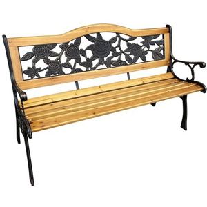 AKORD Rosa Tuinbank met gelakt hout en gietijzeren poten, zitbank voor buiten, weerbestendig, outdoor houten bank, tuinbanken met armleuning, breedte 118 cm, bruin