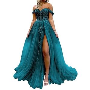 HPPEE Dames off-shoulder galajurken met split kant applicatie glitter tule formele jurk lange baljurk, Turkoois, 32