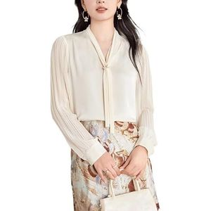 ROUZIHU Lint Chiffon Shirt Lente Commuter V-hals Los Shirt Lange Mouw Dames Shirt(Beige,XXL)