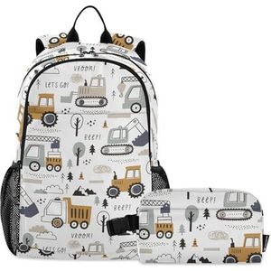 linqin Leuke auto's vrachtwagen rugzak met lunchbox jongens schoolrugzakken voor meisjes met lunchbox schooltas voor jongens 7-10, Leuke Cars Truck, (11.8"" x 6.3"" x 18.5"") + (9"" x 5.1""x 5.5""),