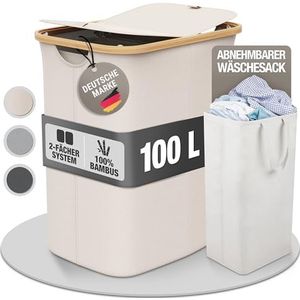 Celeko Licht Wasmand, 2 vakken met deksel, 100 liter, bamboe-stof, groot, sorteersysteem, wasverzamelaar, beige