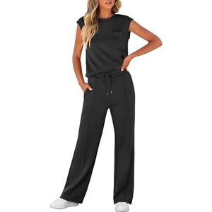 LLECDASEUI Dames zomer 2-delige outfits casual mouwloze sweatsuits bijpassende wijde pijpen trainingspakken lounge sets mode kleding, Zwart, S