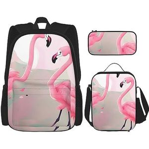 Love Flamingo Rugzak met grote capaciteit, lunchtas, pennenzak, 3-delige set voor kantoor, reizen, kamperen, uniseks, Zwart, Eén maat